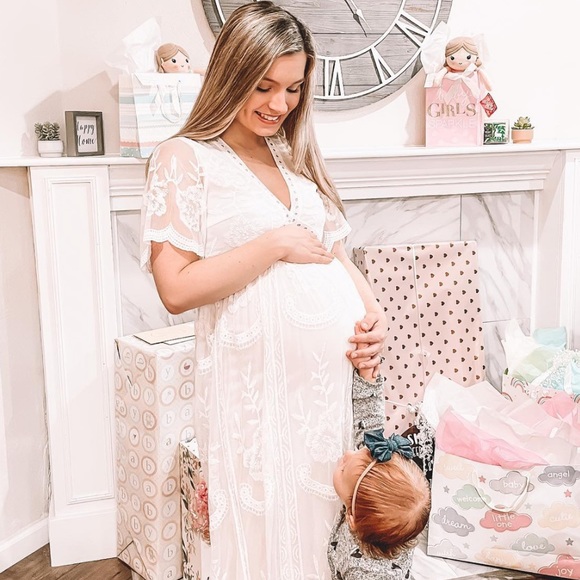 PinkBlush White Lace Mesh Overlay Maternity Dress - Picture 4 of 12